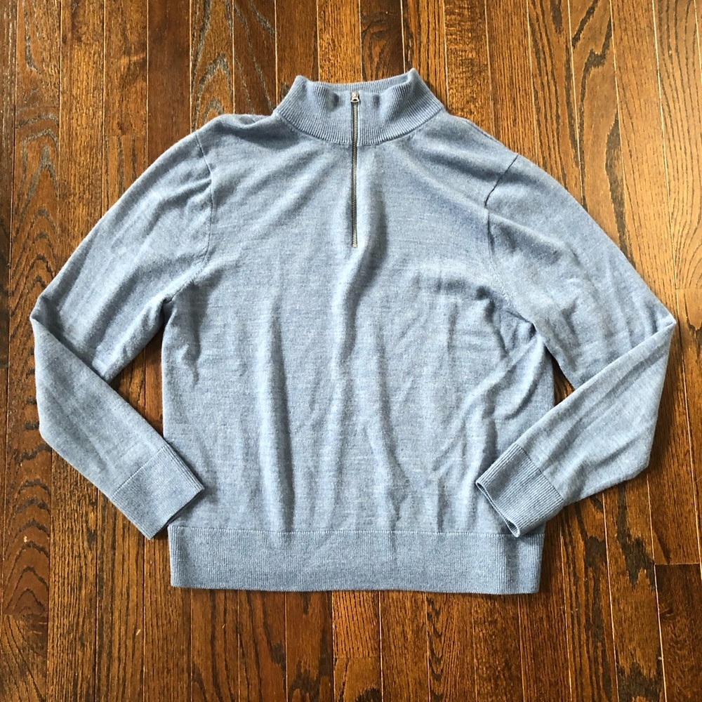 J. Crew Men’s L Heathered Blue 1/4 Zip Long-Sleeve Collared Wool-Blend Sweater